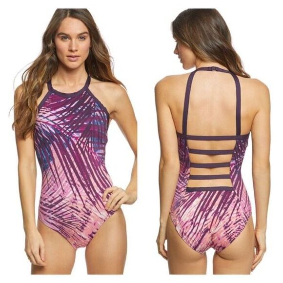 Carmen Marc Valvo Women's Tropical Palm Halter Open Back Swimsuit Purple Size 4 - Picture 1 of 11
